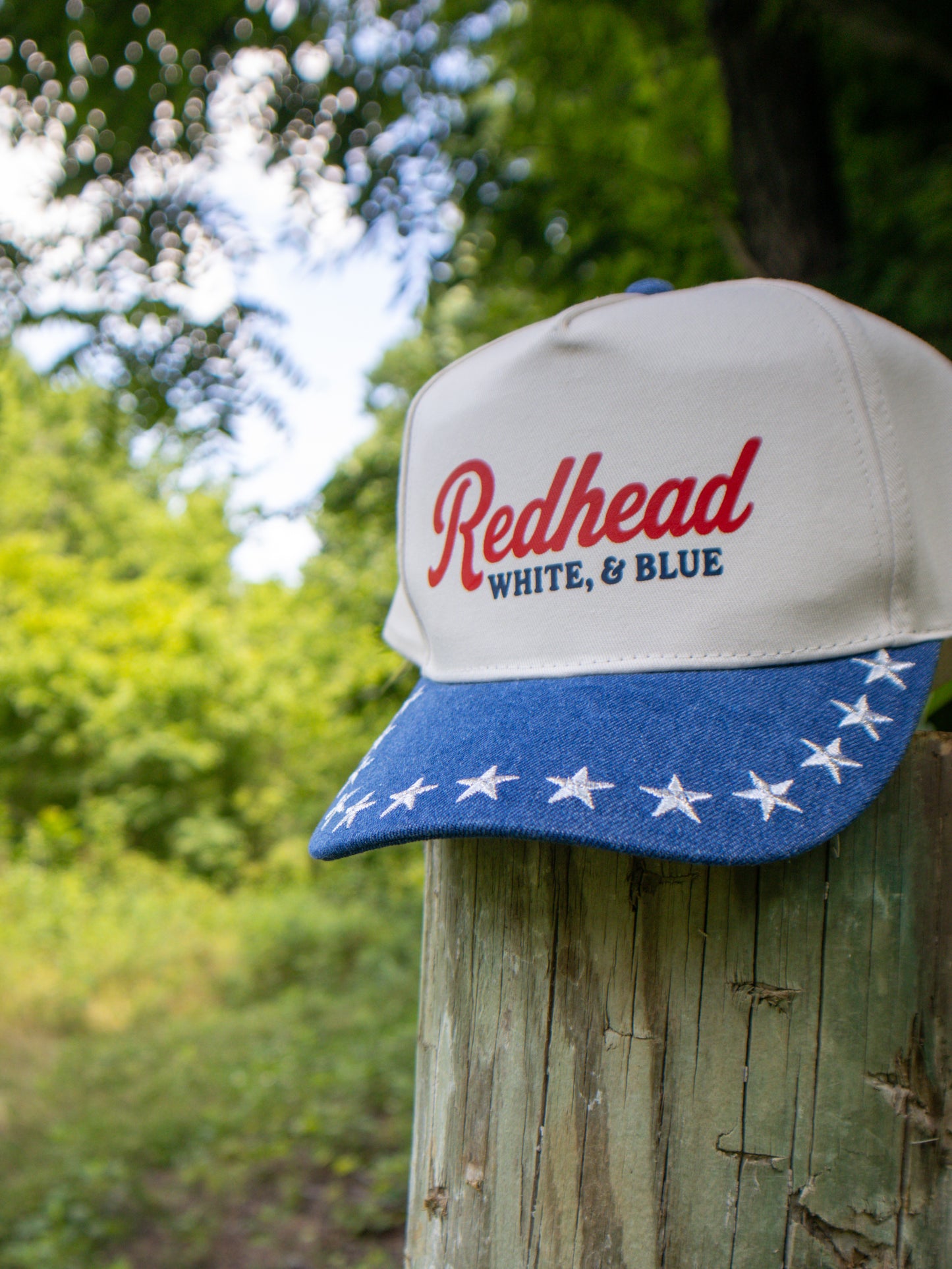 the 'redhead white & blue' trucker